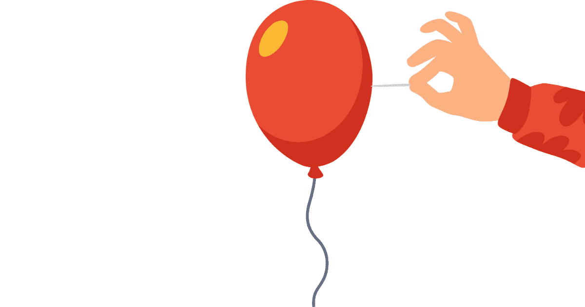 Illustration of a hand holding a needle close to a red balloon, symbolizing the release of bloating or gas buildup in a bloated stomach.